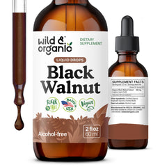 Wild and Organic Black Walnut Tincture bottle displayed for convenient detox support