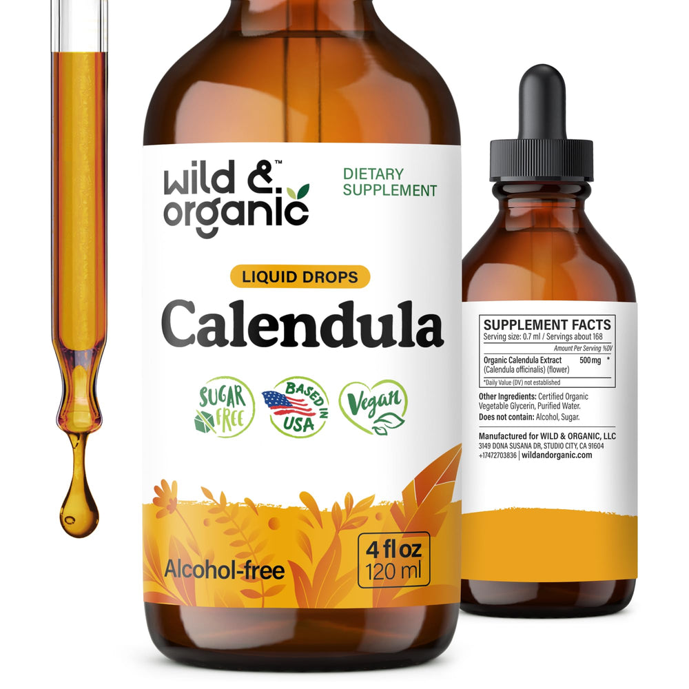 Wild and Organic calendula tincture bottle front promoting antioxidant support.