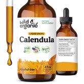 Wild and Organic calendula tincture bottle front promoting antioxidant support.