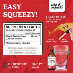 Wild & Organic cayenne pepper extract amber bottle shows vegan, sugar-free formula.