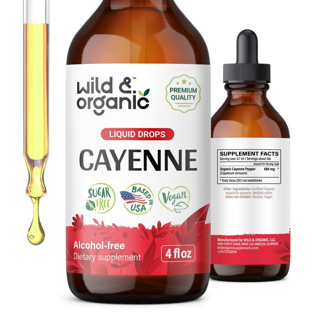 Wild & Organic cayenne tincture bottle with dropper for easy digestive support on the go.