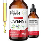 Wild & Organic cayenne tincture bottle with dropper for easy digestive support on the go.