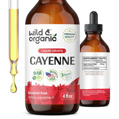 Wild & Organic cayenne tincture bottle with dropper for easy digestive support on the go.