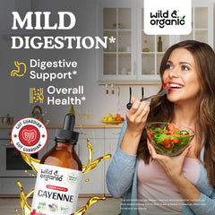 Wild & Organic cayenne tincture drops pour image for quick, alcohol-free relief and daily wellness.