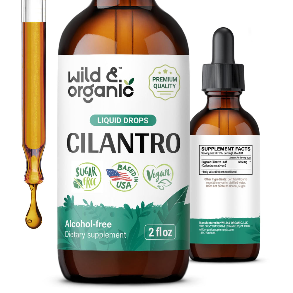 Wild & Organic Cilantro Drops bottle shown for vegan detox support.
