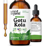 Wild & Organic Gotu Kola tincture bottle highlights vegan, alcohol-free brain support.
