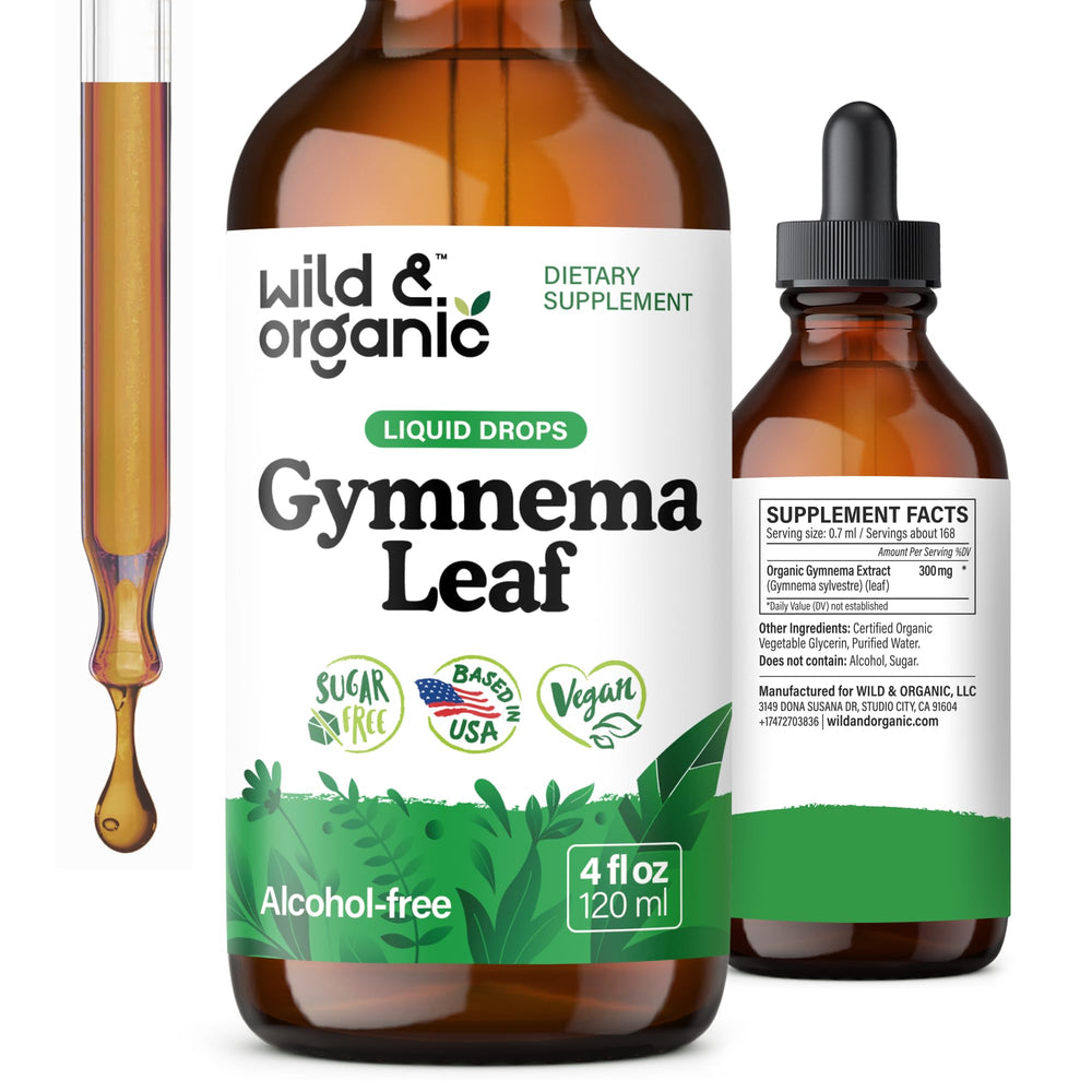 Wild Organic Gymnema Sylvestre Drops bottle shows natural sugar-free tincture for daily wellness