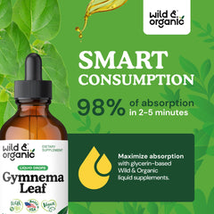 Wild Organic Gymnema Sylvestre Drops label close-up reveals vegan, GMO-free formula