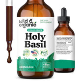 Wild & Organic Holy Basil Tincture bottle offers alcohol-free relaxation support for daily use.