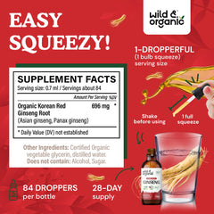 Wild Organic Korean Red Ginseng label highlights vegan, alcohol-free formula