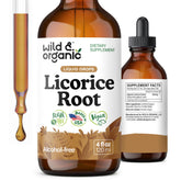 Wild & Organic licorice root tincture bottle shows alcohol-free digestive support in a vegan formula.