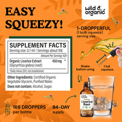 Wild & Organic licorice root tincture dropper highlights convenient daily use for gut wellness.