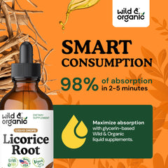 Wild & Organic licorice root tincture label communicates vegan, sugar-free ingredients.