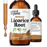 Wild & Organic Licorice Tincture bottle shows alcohol-free, vegan formula for gentle digestive support.