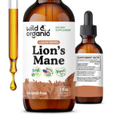Wild & Organic Lions Mane Liquid Drops bottle closeup, vegan brain-support formula.
