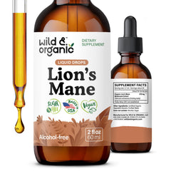 Wild & Organic Lions Mane Liquid Drops bottle closeup, vegan brain-support formula.
