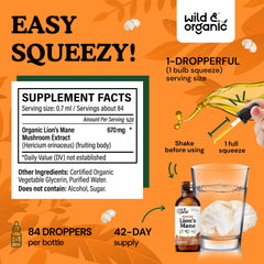 Wild & Organic Lions Mane Liquid Drops label detail highlights alcohol-free glycerin base.