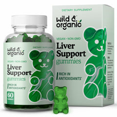 Wild & Organic Liver Support Gummies bottle close-up showing milk thistle and dandelion for liver wellness.