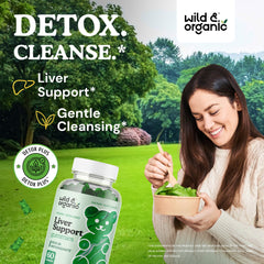 Wild & Organic Liver Support Gummies serving-count display demonstrates the daily intake option.