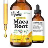 Wild & Organic Maca bottle with drops for balanced energy and overall support.