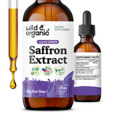 Wild and Organic saffron drops bottle, a vegan tincture for mood and focus support.