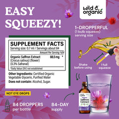Wild and Organic saffron drops dropper closeup showing easy dosing and vegan formula.
