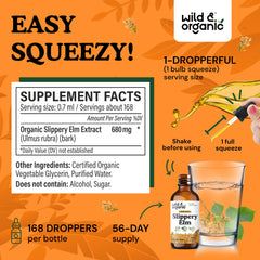 Wild & Organic slippery elm bottle-label shows vegan, GMO-free formula for gentle everyday use