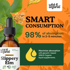 Wild and Organic Slippery Elm Drops label close-up showing vegan formula