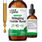 Wild and Organic Stinging Nettle Root Drops bottle shows daily vegan tincture for urinary comfort
