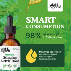 Wild and Organic Stinging Nettle Root Drops glass bottle highlights a clean, alcohol-free tincture