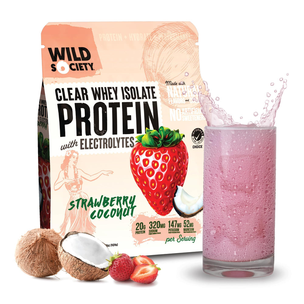 Wild Society Clear Whey bottle being poured for post-workout refreshment and protein boost.