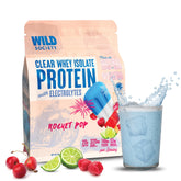 WILD SOCIETY Clear Whey bottle pour shows 20 g protein and electrolytes.