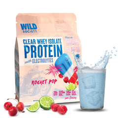 WILD SOCIETY Clear Whey bottle pour shows 20 g protein and electrolytes.