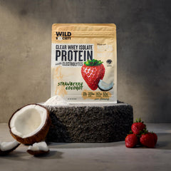 Wild Society Clear Whey Strawberry Coconut serving scene with vibrant color and protein boost after workouts.
