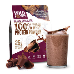 WILD SOCIETY Dutch Chocolate whey packaging highlights premium quality and clean ingredients.