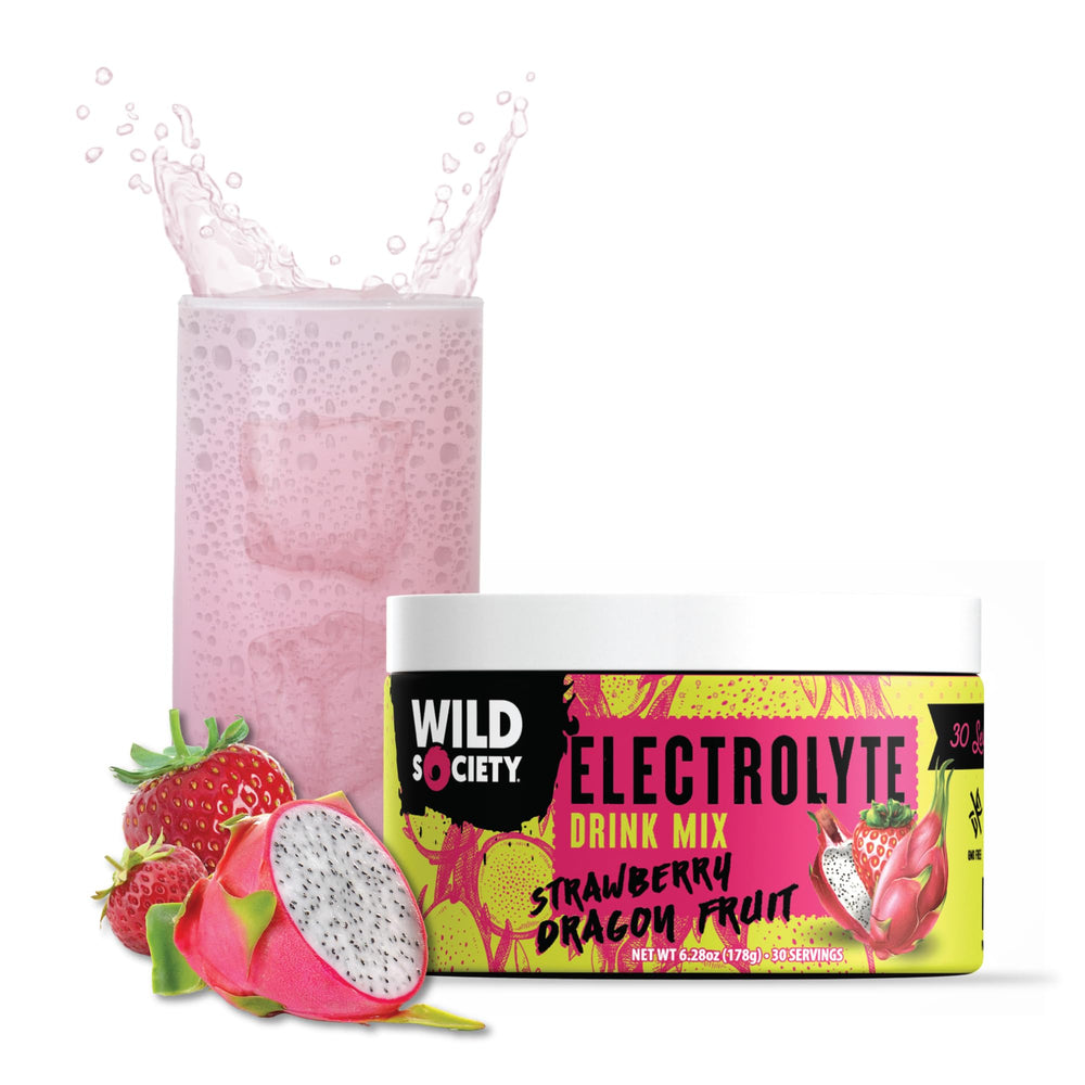 Wild Society electrolyte powder strawberry dragon fruit tub for refreshing hydration on the go