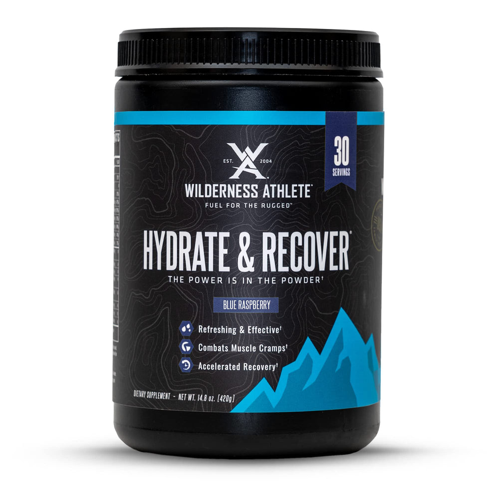 Wilderness Athlete Hydrate and Recover blue raspberry tub front for quick hydration.