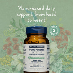 Wiley's Finest CatchFree Omega algae oil illustration emphasizes plant-based DHA and EPA.