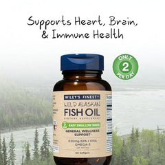 Wiley's Finest dual-dose mini softgels dispensed from bottle for easy taking.