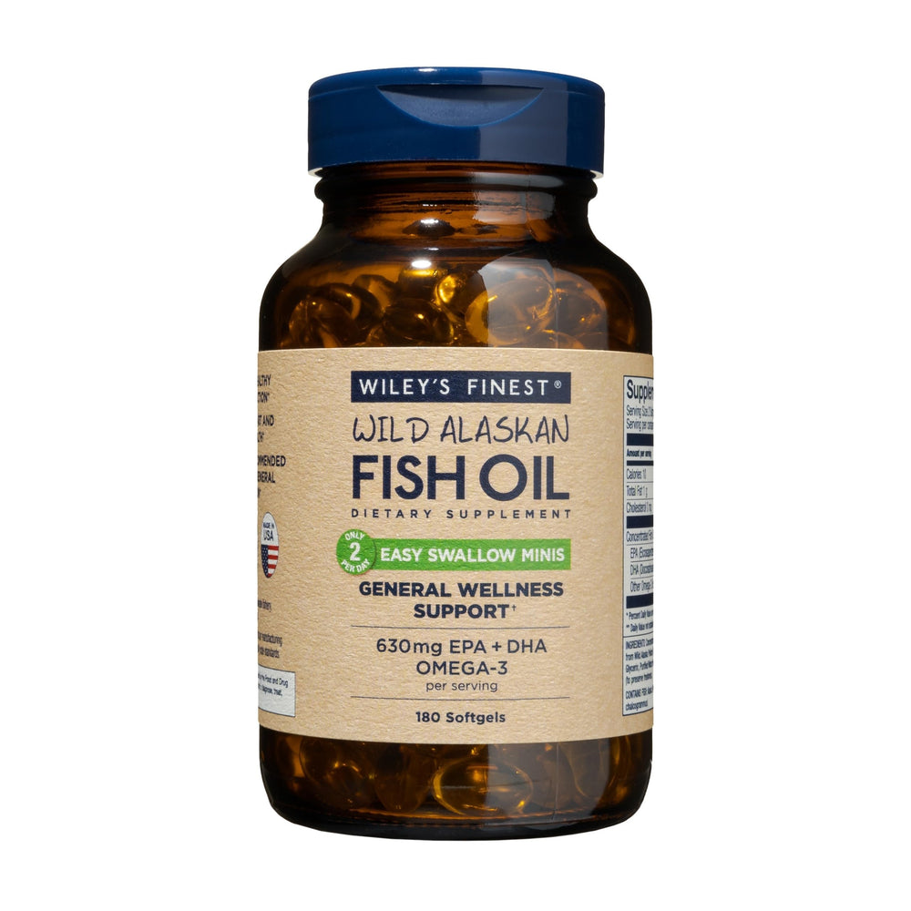 Wiley's Finest Easy Swallow Minis bottle — high potency omega-3 for daily use.