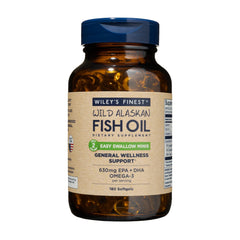 Wiley's Finest Easy Swallow Minis bottle — high potency omega-3 for daily use.
