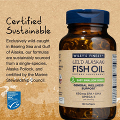 MSC-certified sustainable sourcing logo with Wiley's Finest Alaska Pollock oil.