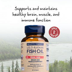 Wiley's Finest Peak DHA bottle pour showing simple two-pill daily dose.