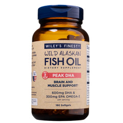 Wiley's Finest Peak DHA bottle highlighting the high-potency omega-3 blend.