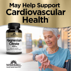 Windmill Magnesium Citrate label close-up highlights vegan and gluten-free claims