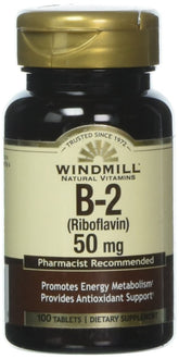 Windmill VIT B-2 tabs bottle front showing 50 mg riboflavin for daily energy metabolism