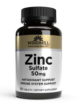 Windmill Zinc Sulfate Tablets bottle view highlighting 90-count supply for daily immune support potential