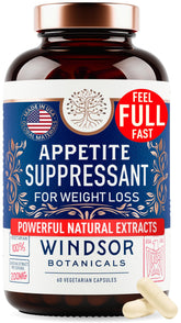 WINDSOR BOTANICALS appetite supplement bottle highlighting cravings control for daily use.