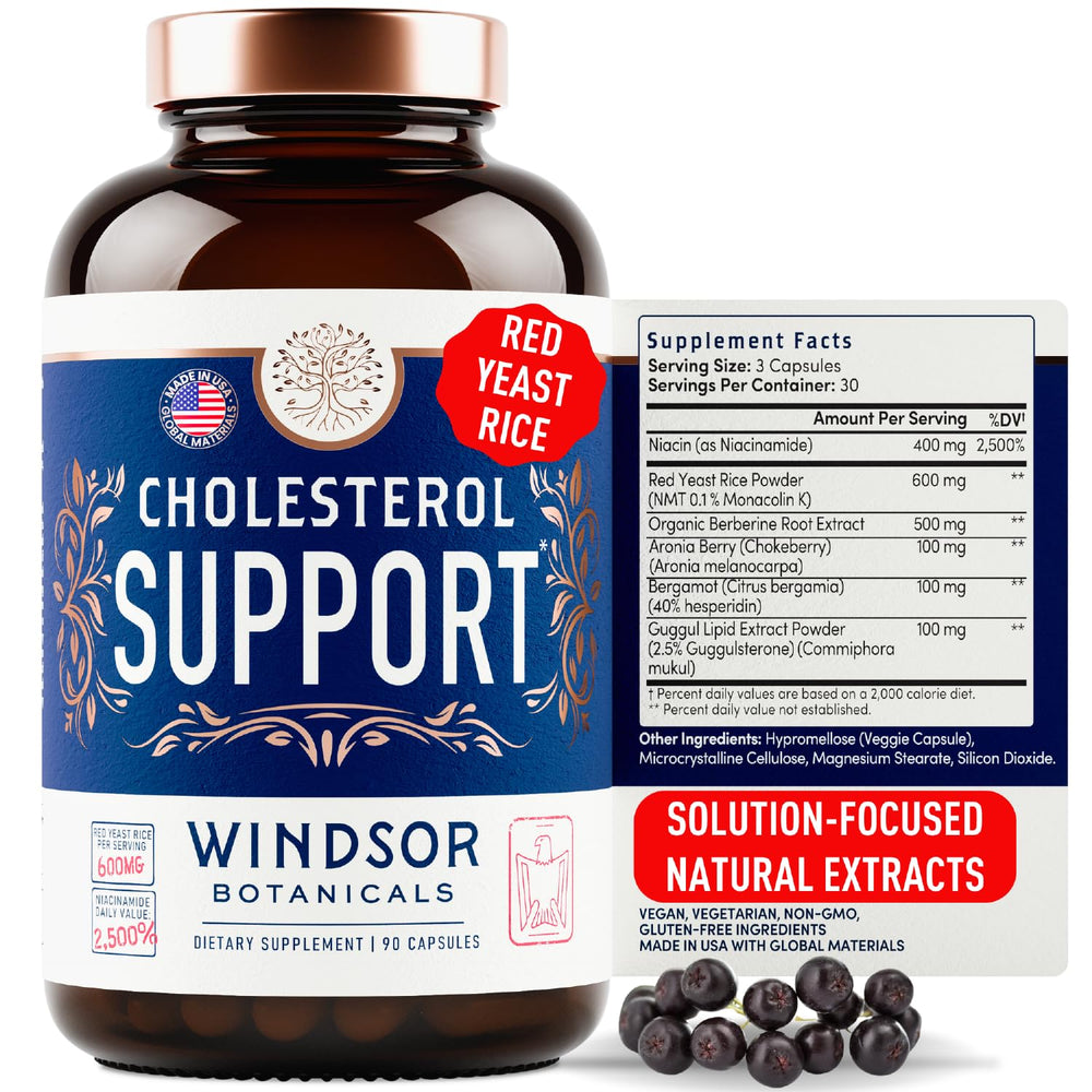WINDSOR BOTANICALS cholesterol bottle front view showing vegan capsules for lipid support.