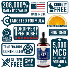 Windsor Botanicals sublingual B12 teardrop with citrus flavor for easy use